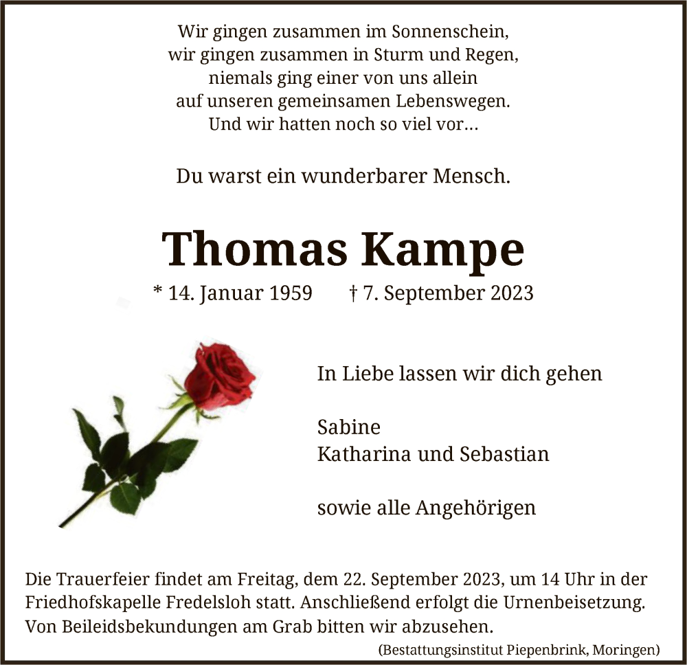  Traueranzeige für Thomas Kampe vom 16.09.2023 aus HNA