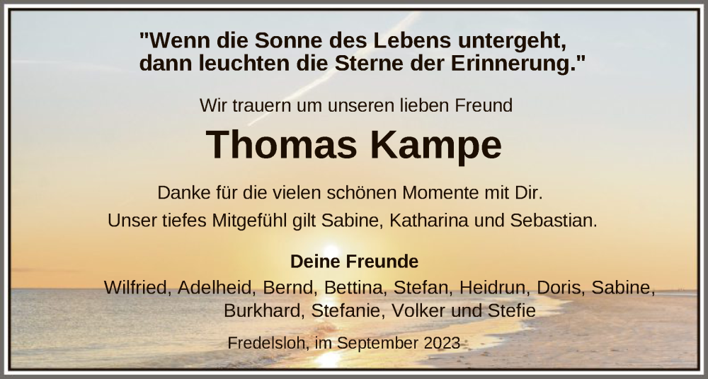  Traueranzeige für Thomas Kampe vom 16.09.2023 aus HNA