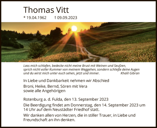 Traueranzeige von Thomas Vitt von HNA