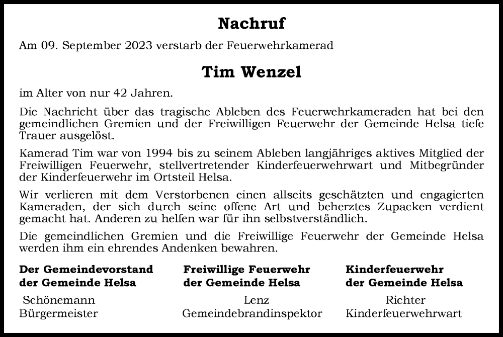  Traueranzeige für Tim Wenzel vom 18.09.2023 aus HNA