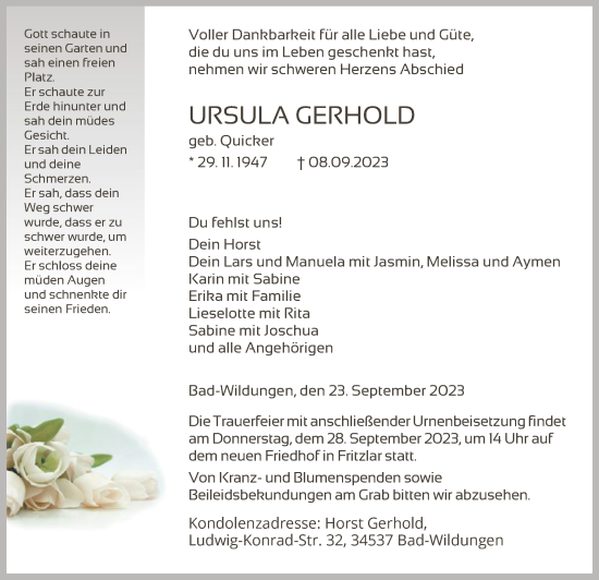 Traueranzeige von Ursila Gerhold von HNA