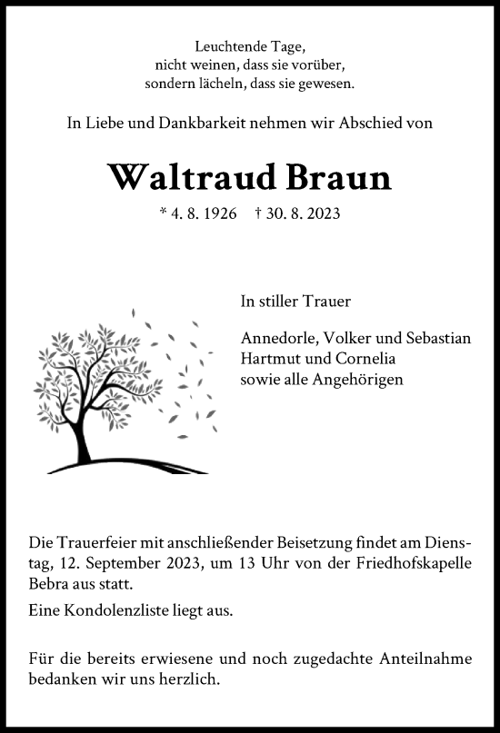 Traueranzeige von Waltraud Braun von HNA