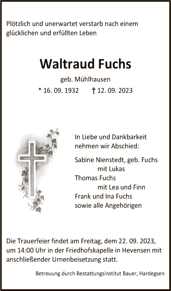  Traueranzeige für Waltraud Fuchs vom 16.09.2023 aus HNA