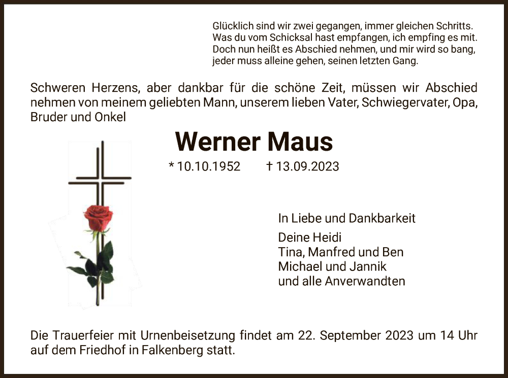  Traueranzeige für Werner Maus vom 20.09.2023 aus HNA