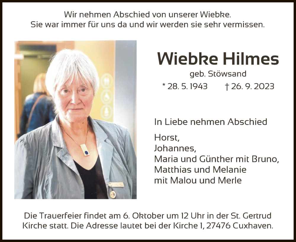  Traueranzeige für Wiebke Hilmes vom 30.09.2023 aus HNA