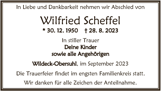 Traueranzeige von Wilfried Scheffel von HNA