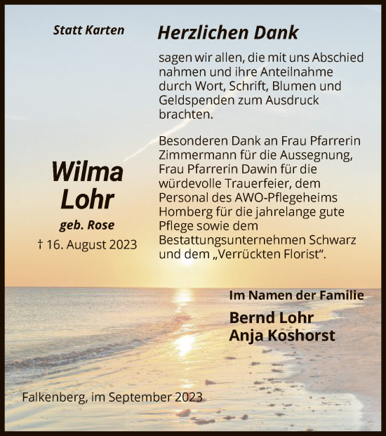 Traueranzeige von Wilma Lohr von HNA