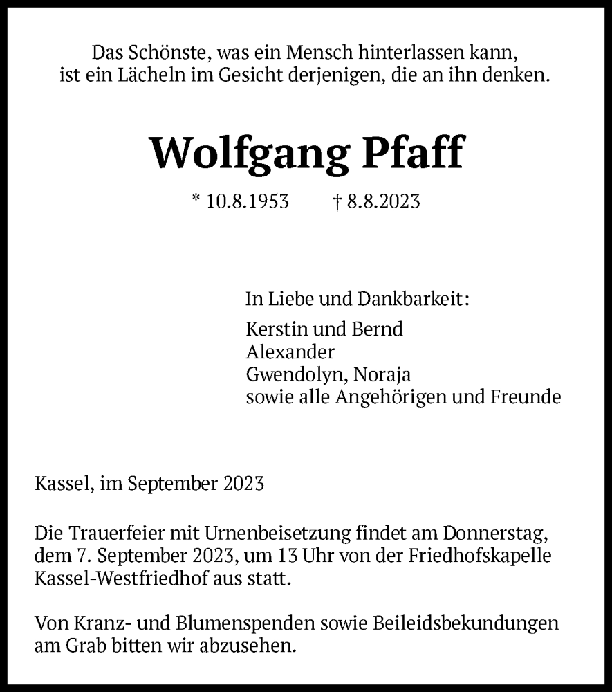  Traueranzeige für Wolfgang Pfaff vom 02.09.2023 aus HNA