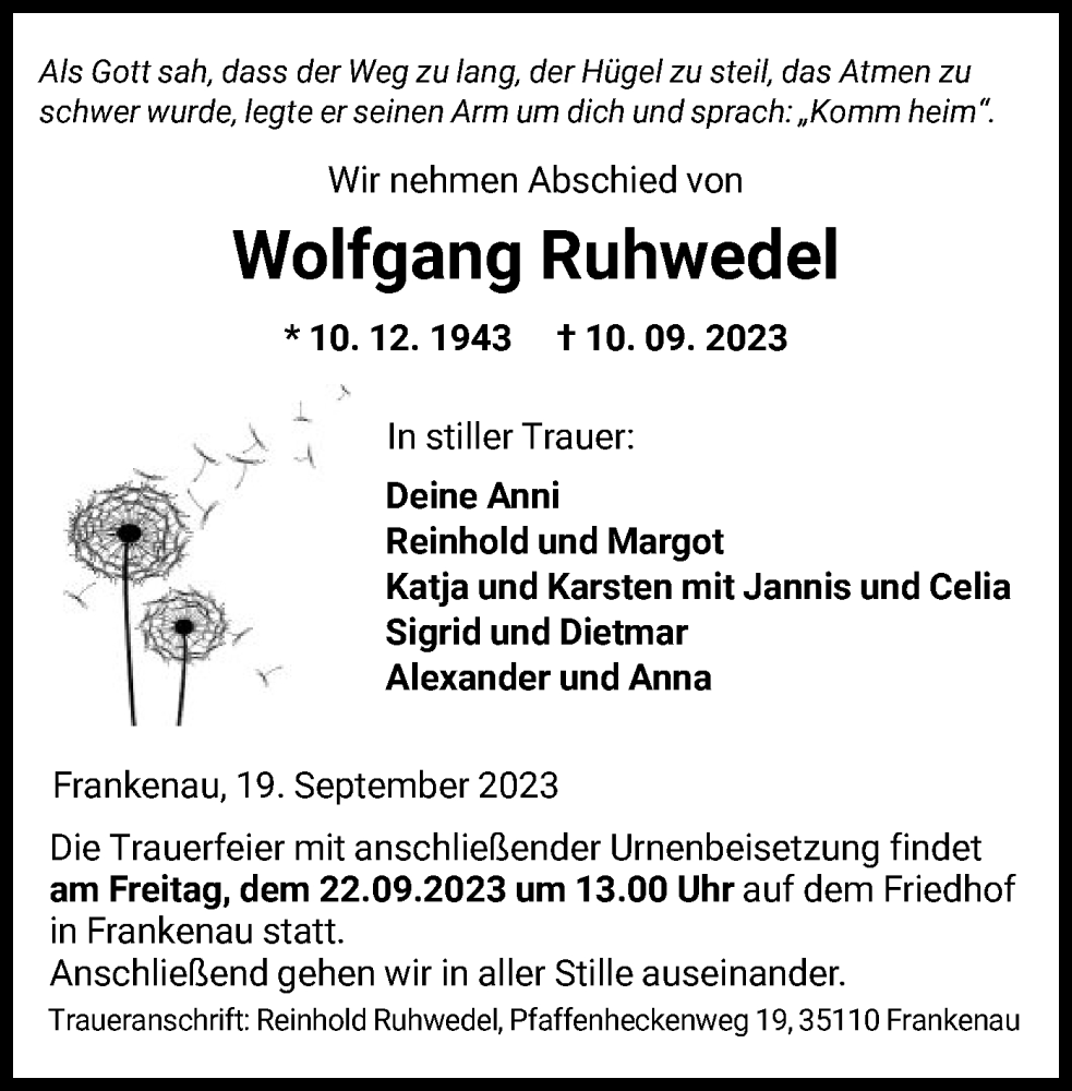  Traueranzeige für Wolfgang Ruhwedel vom 19.09.2023 aus HNA