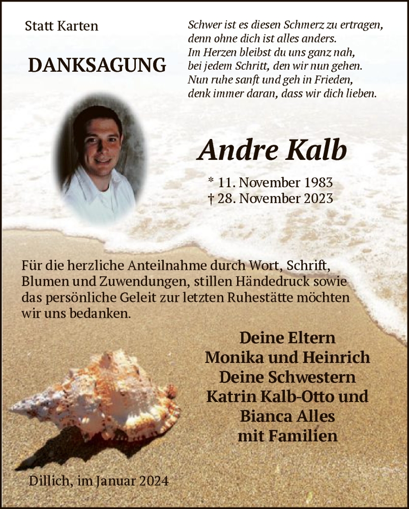  Traueranzeige für Andre Kalb vom 29.01.2024 aus HNAHNA