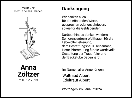 Traueranzeige von Anna Zöltzer von HNA