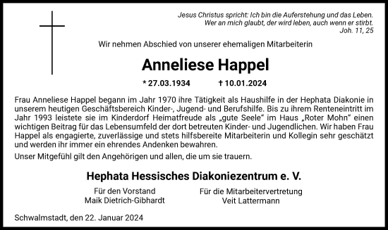 Traueranzeige von Anneliese Happel von HNA