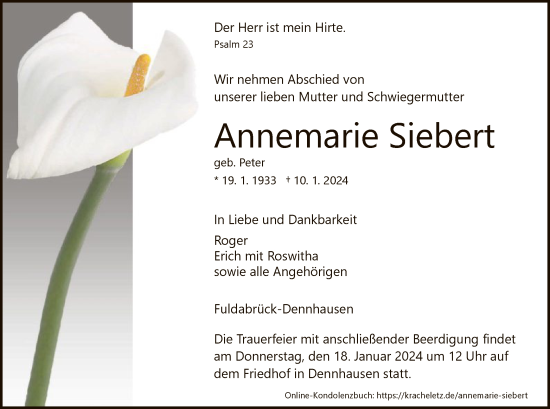 Traueranzeige von Annemarie Siebert von HNA