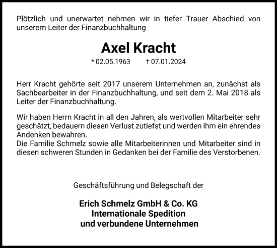 Traueranzeige von Axel Kracht von HNA