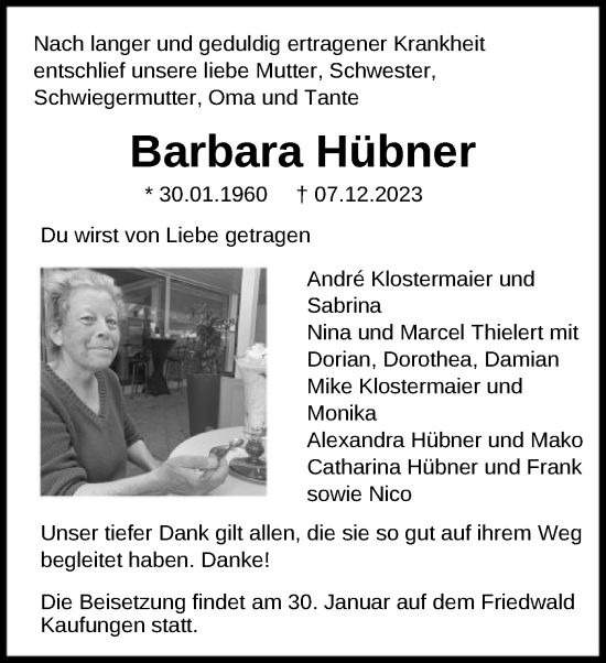 Traueranzeige von Barbara Hübner von HNAHNA