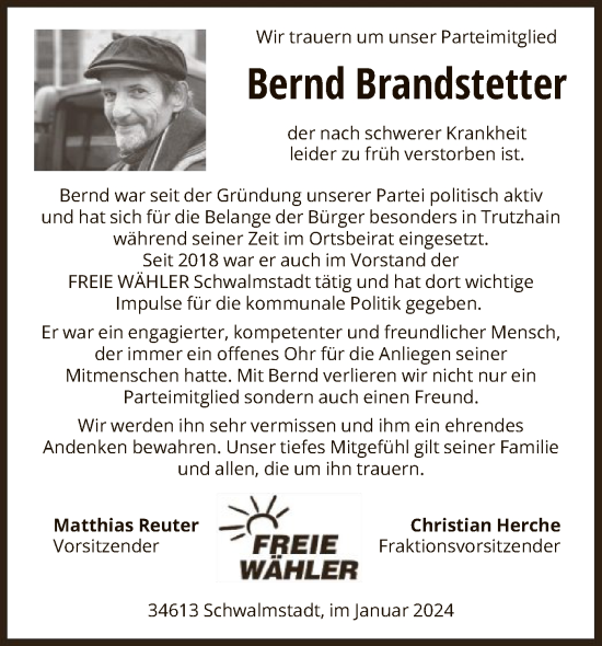 Traueranzeige von Bernd Brandstetter von HNA