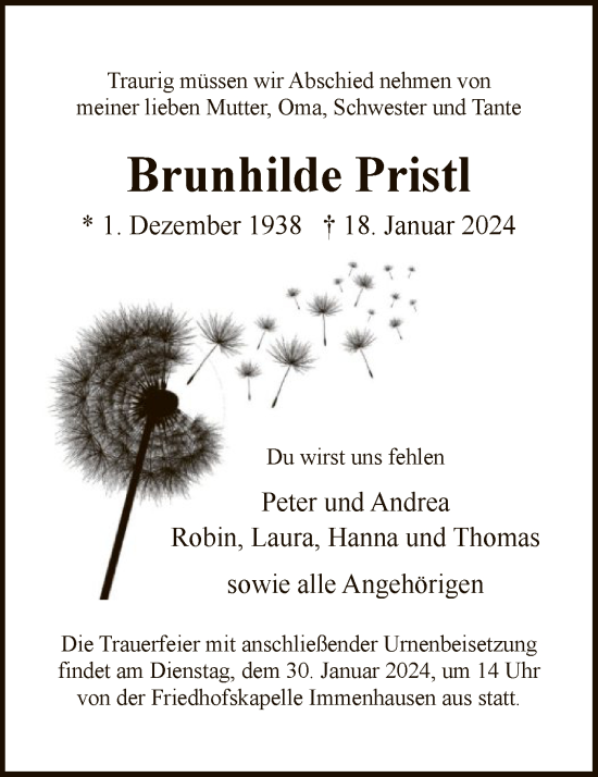 Traueranzeige von Brunhilde Pristl von HNAHNA