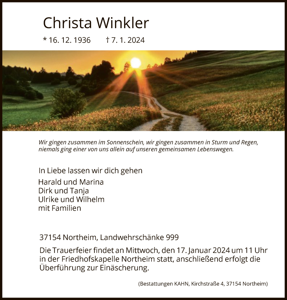  Traueranzeige für Christa Winkler vom 13.01.2024 aus HNA