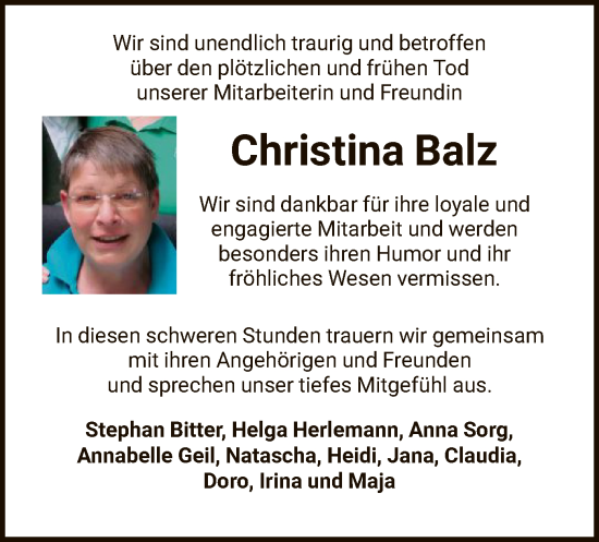 Traueranzeige von Christina Balz von HNA