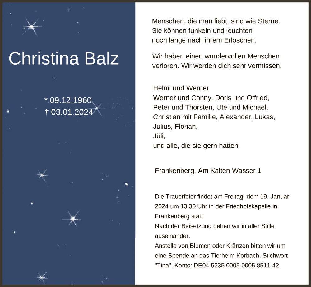  Traueranzeige für Christina Balz vom 16.01.2024 aus HNA