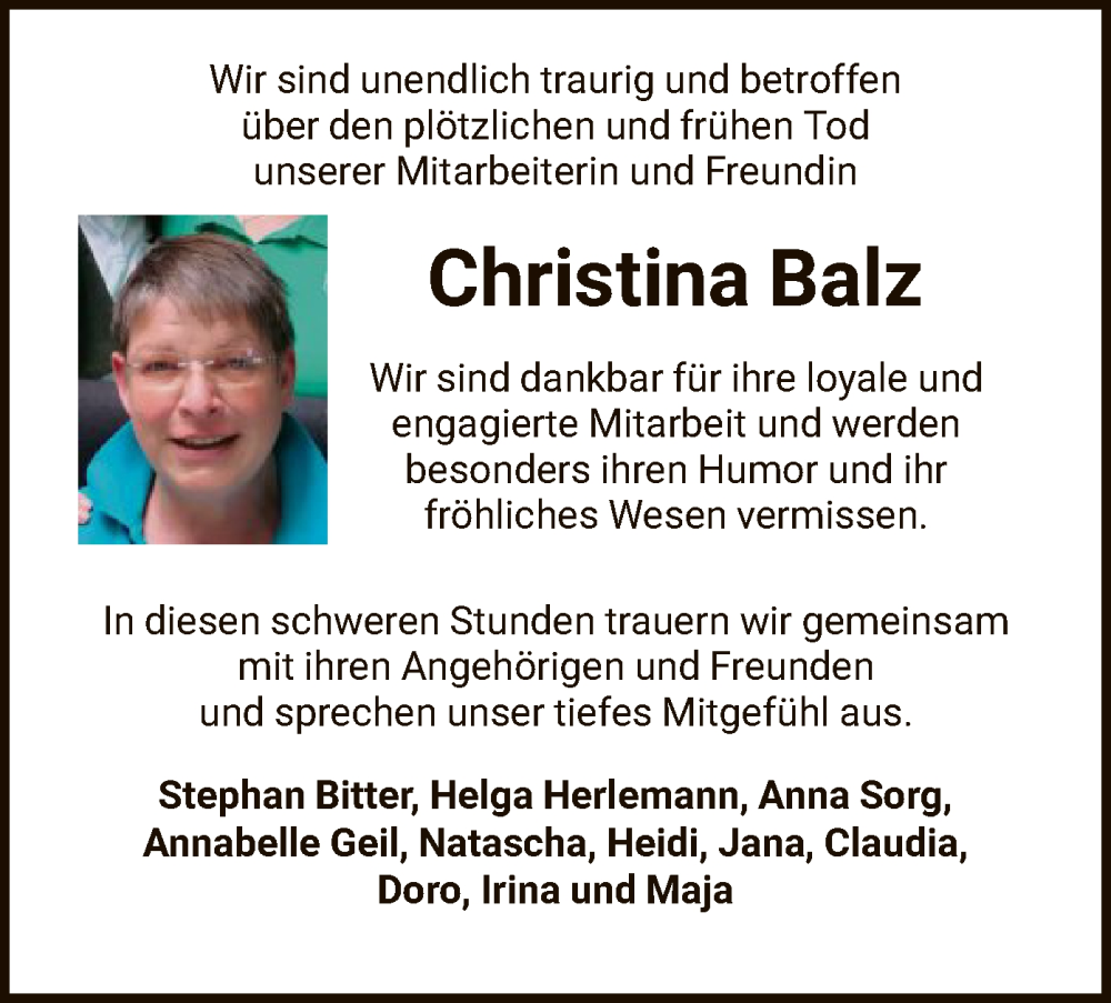  Traueranzeige für Christina Balz vom 17.01.2024 aus HNA