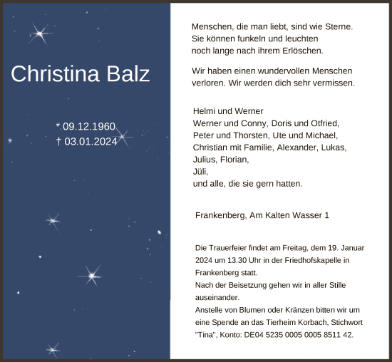 Traueranzeige von Christina Balz von HNA