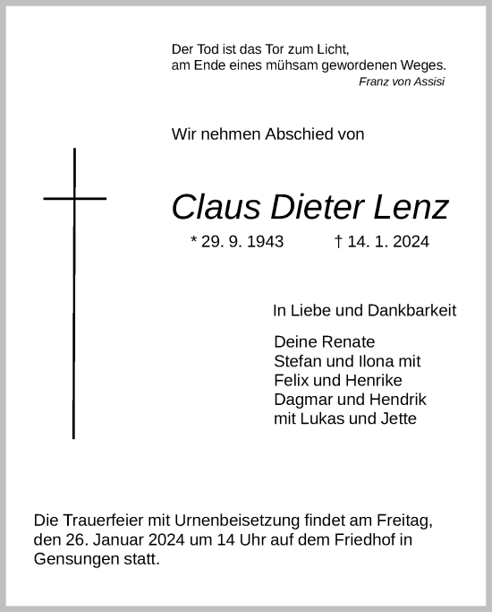 Traueranzeige von Claus Dieter Lenz von HNA