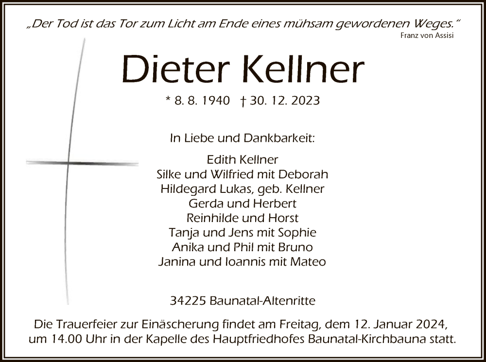  Traueranzeige für Dieter Kellner vom 06.01.2024 aus HNA