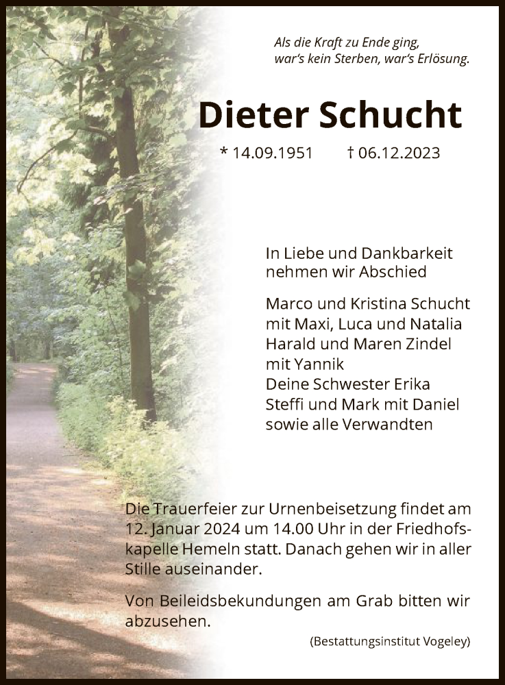  Traueranzeige für Dieter Schucht vom 06.01.2024 aus HNA