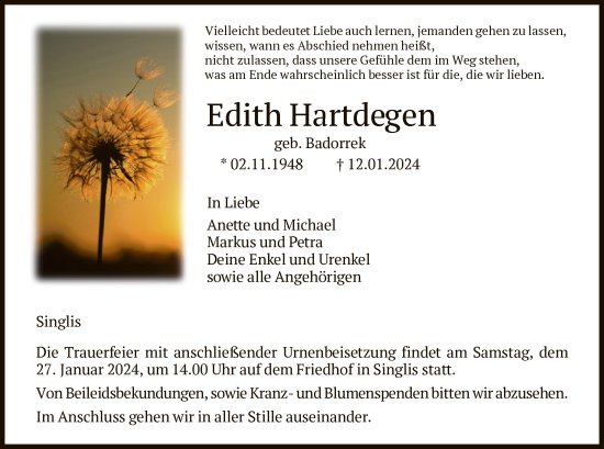 Traueranzeige von Edith Hartdegen von HNA