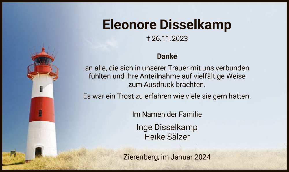  Traueranzeige für Eleonore Disselkamp vom 06.01.2024 aus HNA