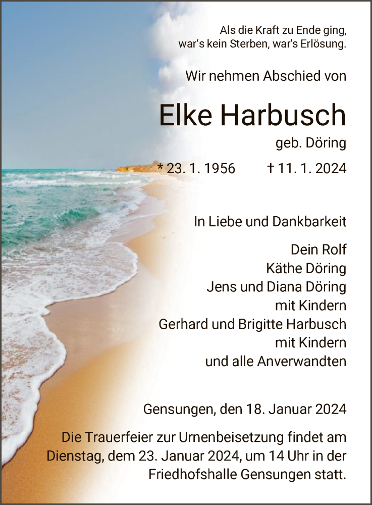  Traueranzeige für Elke Harbusch vom 18.01.2024 aus HNA