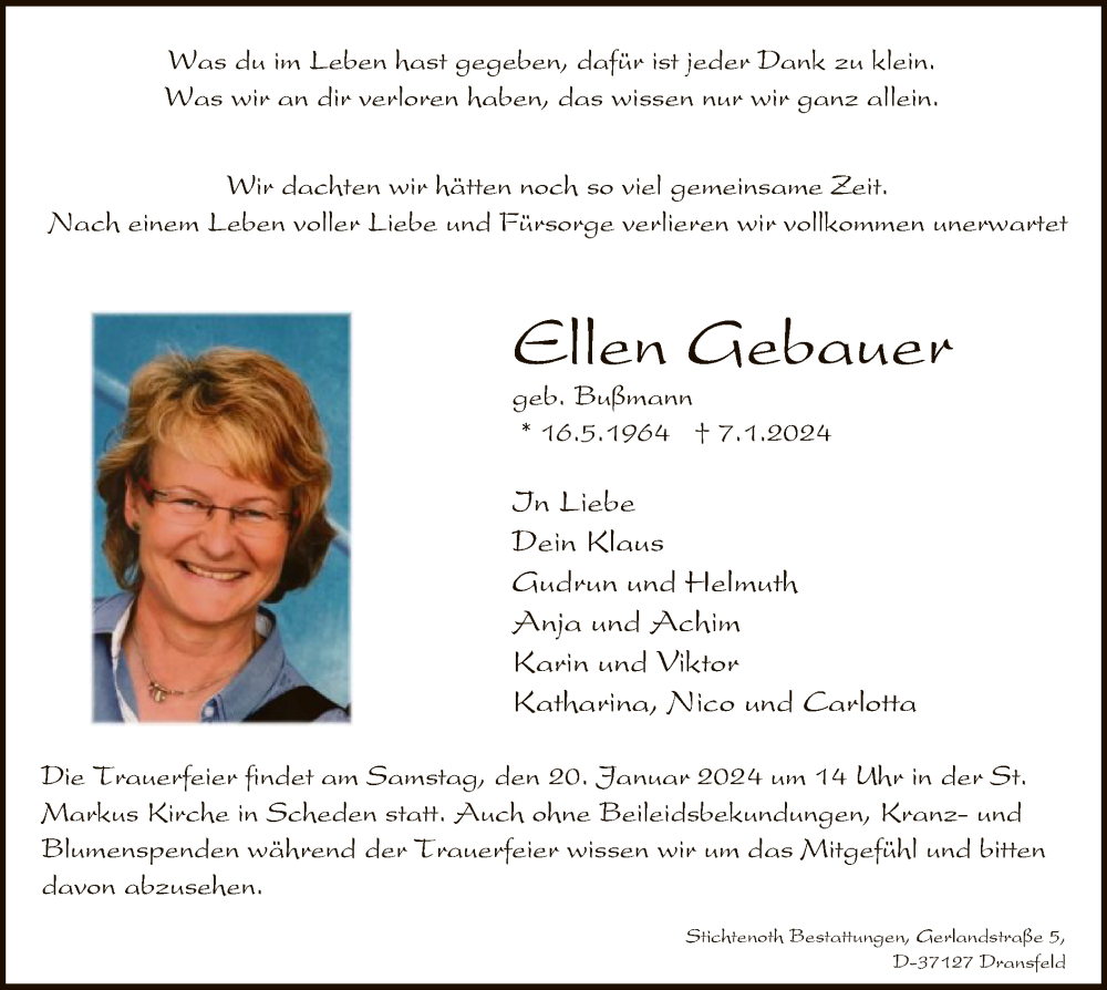  Traueranzeige für Ellen Gebauer vom 13.01.2024 aus HNA