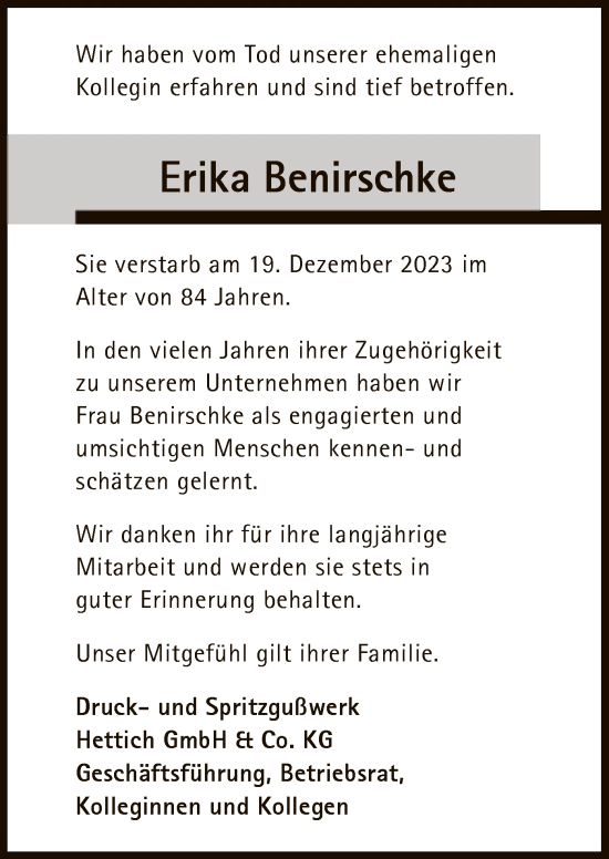 Traueranzeige von Erika Benirschke von HNA