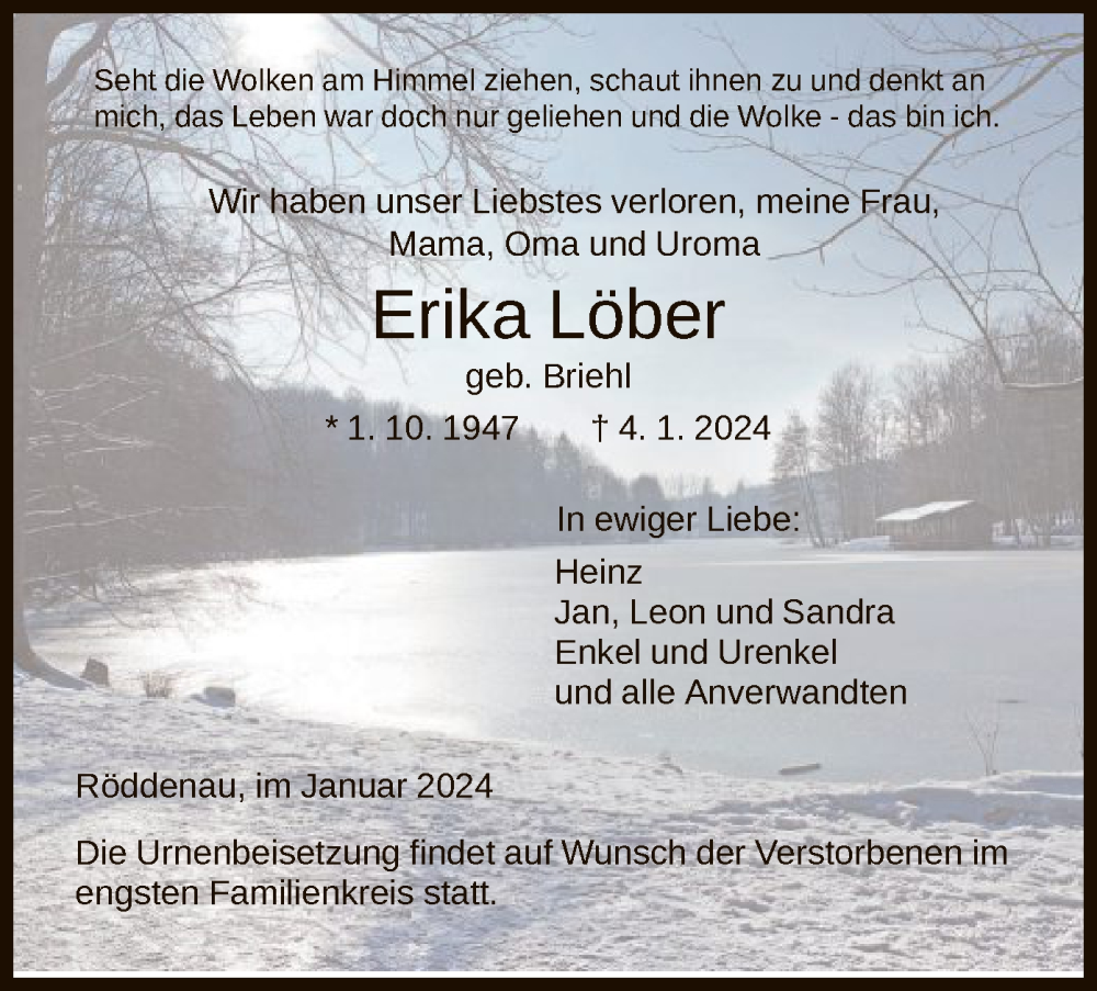  Traueranzeige für Erika Löber vom 10.01.2024 aus HNA