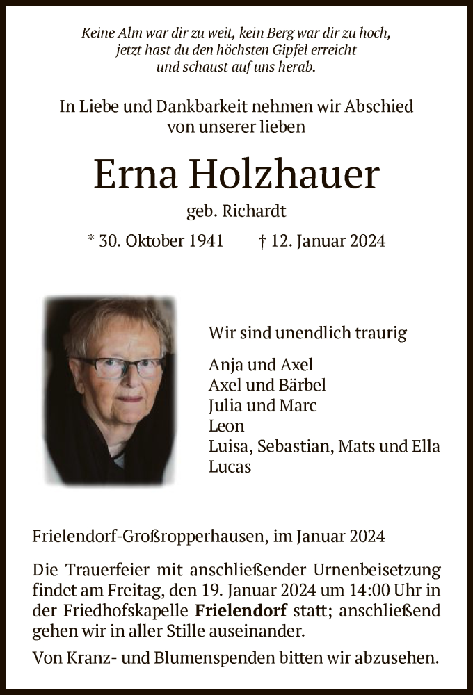  Traueranzeige für Erna Holzhauer vom 16.01.2024 aus HNAHNA
