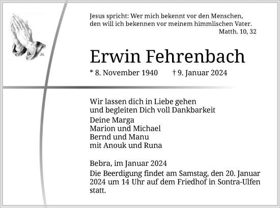 Traueranzeige von Erwin Fehrenbach von HNA