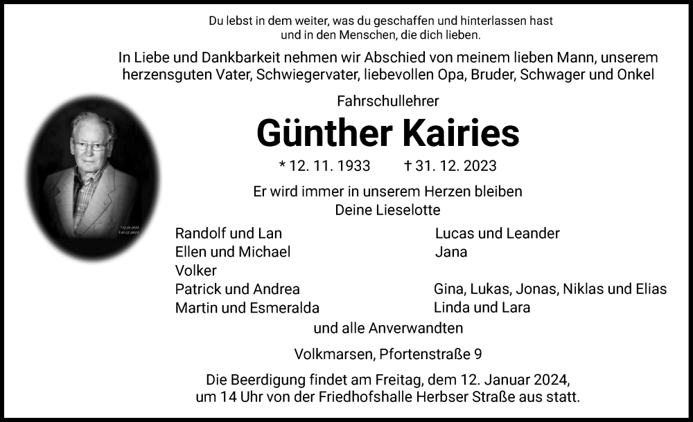  Traueranzeige für Günther Kairies vom 06.01.2024 aus WLZHNA