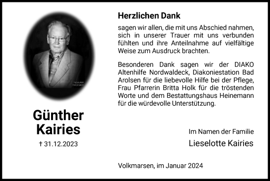 Traueranzeige von Günther Kairies von HNAWLZ