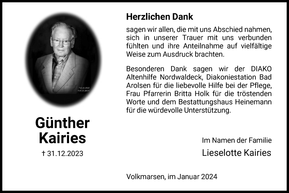  Traueranzeige für Günther Kairies vom 29.01.2024 aus HNAWLZ