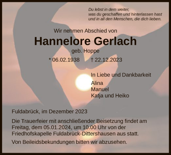 Traueranzeige von Hannelore Gerlach von HNA