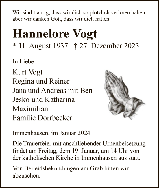 Traueranzeige von Hannelore Vogt von HNA