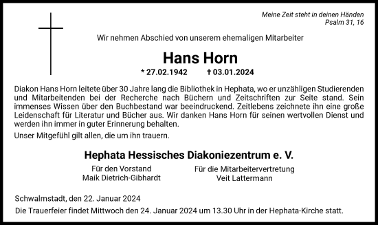 Traueranzeige von Hans Horn von HNA