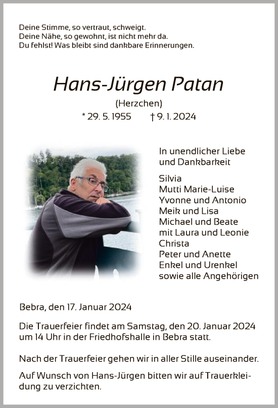 Traueranzeige von Hans-Jürgen Patan von HNA