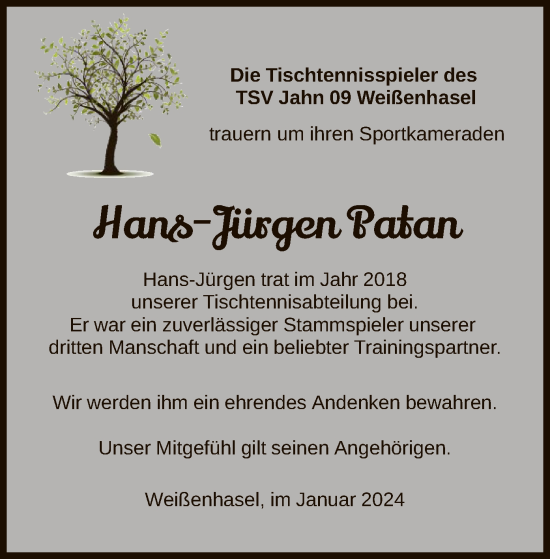 Traueranzeige von Hans-Jürgen Patan von HNA