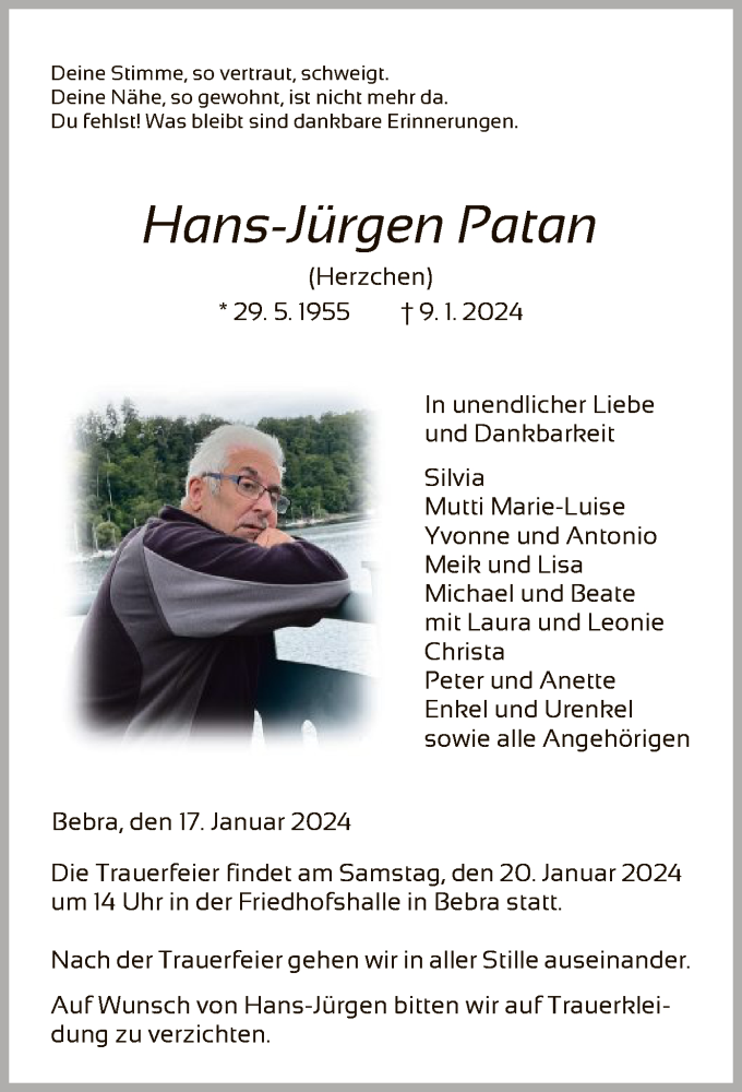  Traueranzeige für Hans-Jürgen Patan vom 17.01.2024 aus HNA