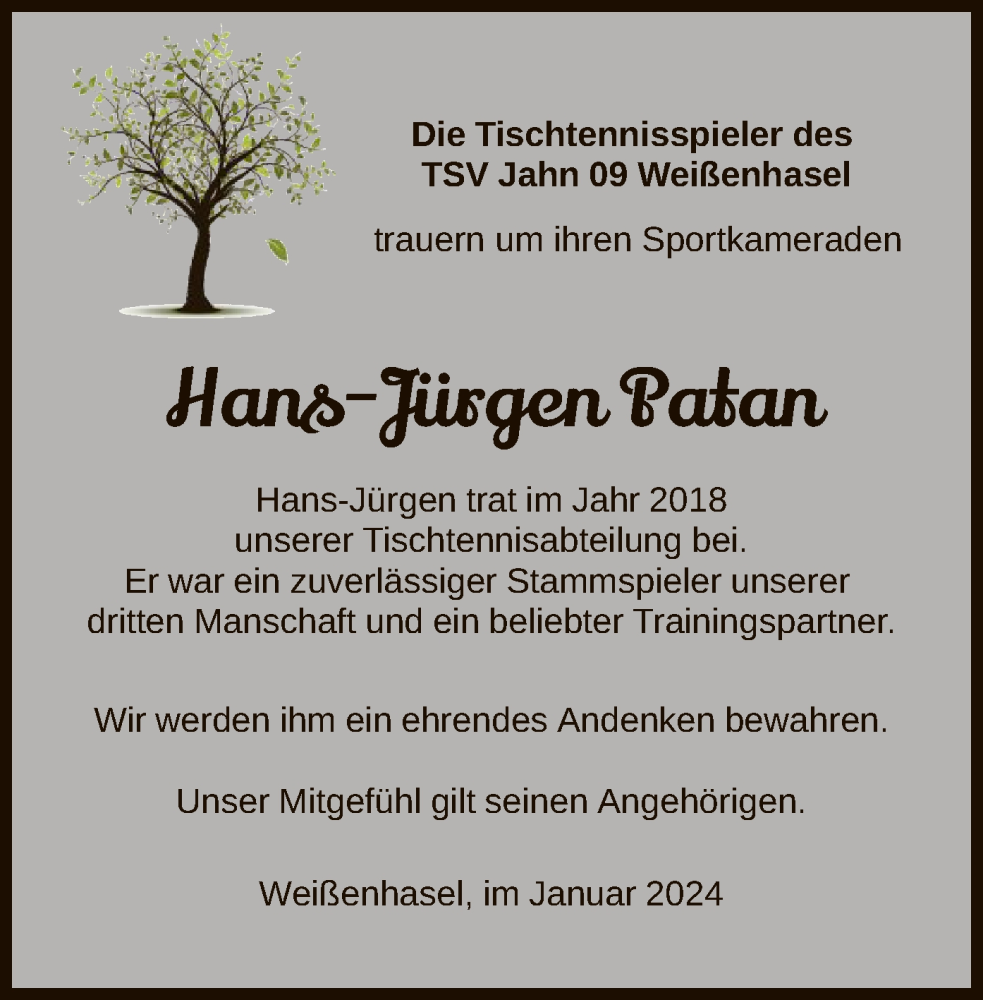 Traueranzeige für Hans-Jürgen Patan vom 19.01.2024 aus HNA