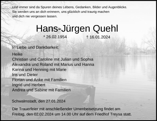 Traueranzeige von Hans-Jürgen Quehl von HNA