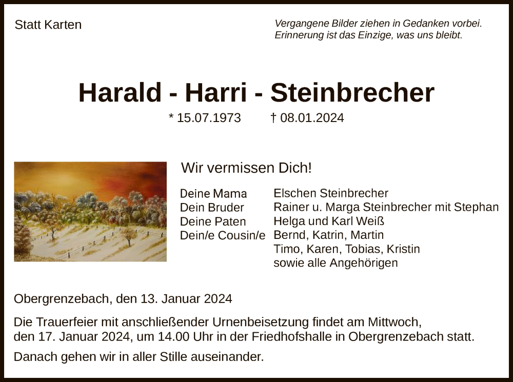  Traueranzeige für Harald Steinbrecher vom 13.01.2024 aus HNAHNA