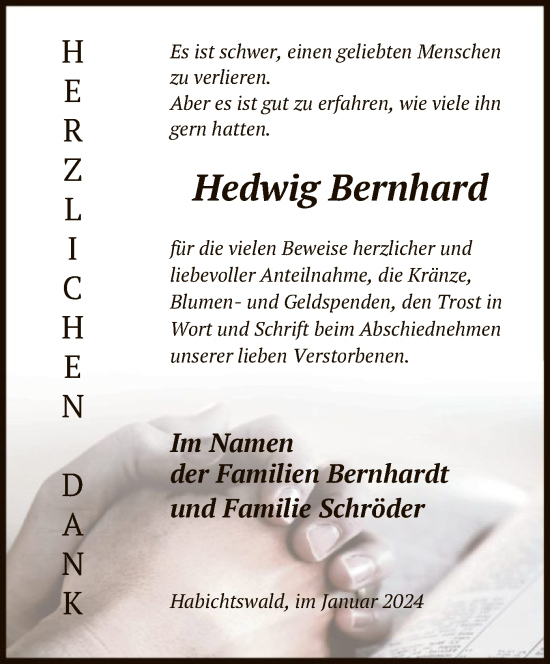 Traueranzeige von Hedwig Bernhard von HNA